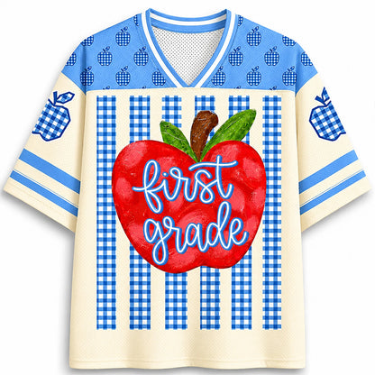 Personalized Grade Apple Gingham Stripe Teacher Mesh Jersey