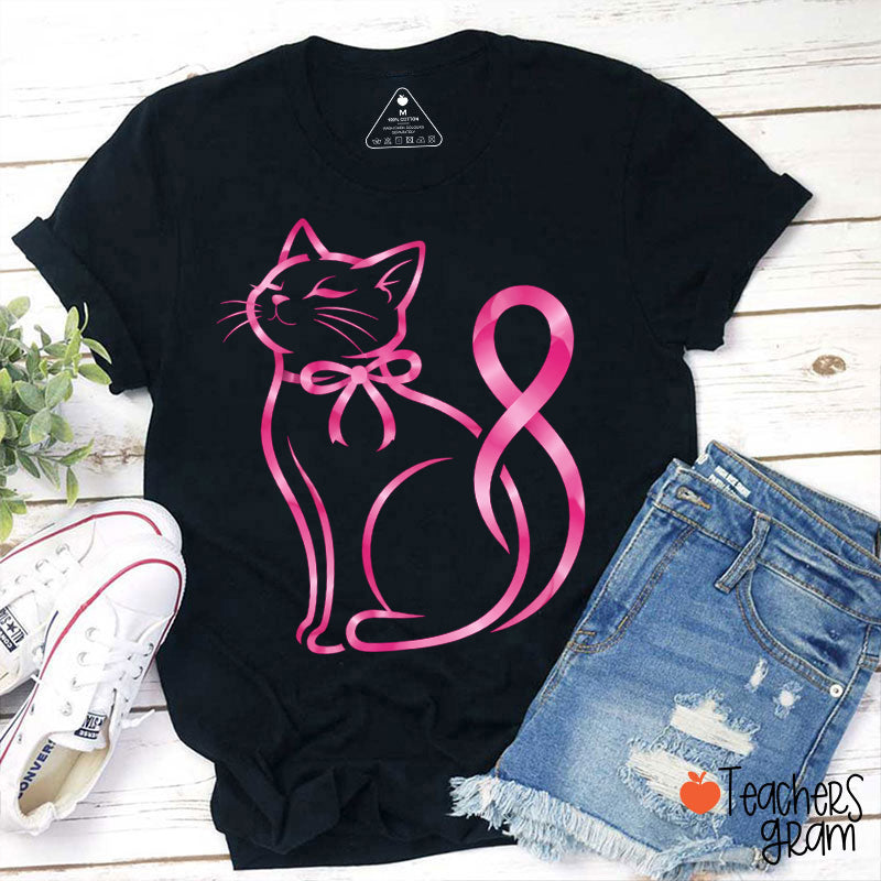 Pink Ribbon Cat Teacher T-Shirt