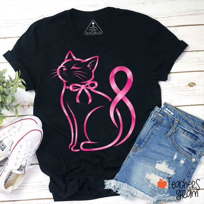 Pink Ribbon Cat Teacher T-Shirt
