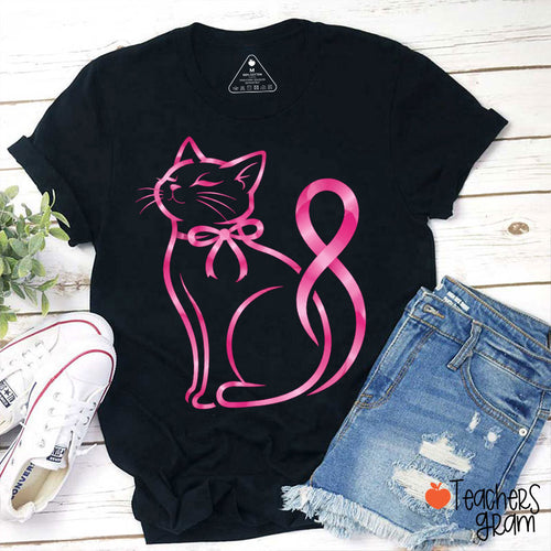 Pink Ribbon Cat Teacher T-Shirt