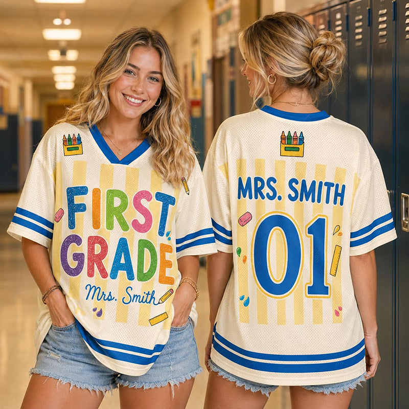 Personalized Grade And Name Preppy Yellow Stripes Crayon First Day Teacher Mesh Jersey