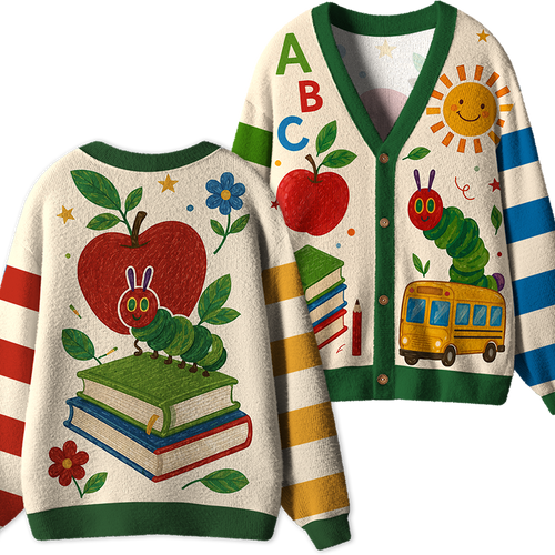 Caterpillar Reading Books Teacher Ugly Cardigan Sweaters