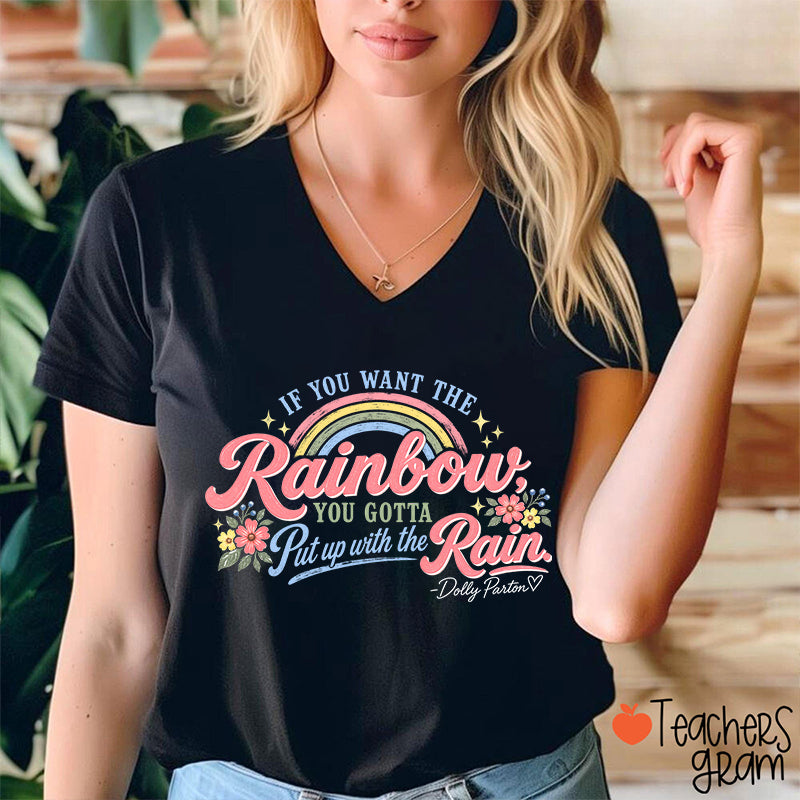 Dolly Rainbow Quote Floral Teacher V-Neck T-Shirt