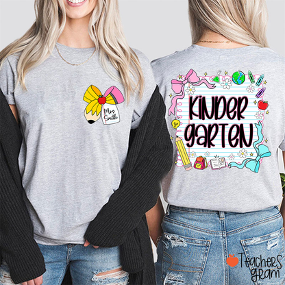Personalized Grade And Name Pencil Bow Notebook Teacher Two Sided T-Shirt