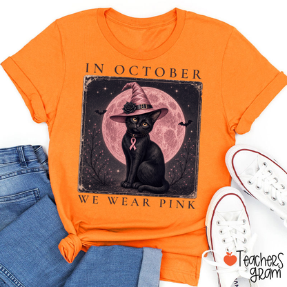 In October We Wear Pink Witch Black Cat Pink Moon Breast Cancer Awareness Teacher T-Shirt