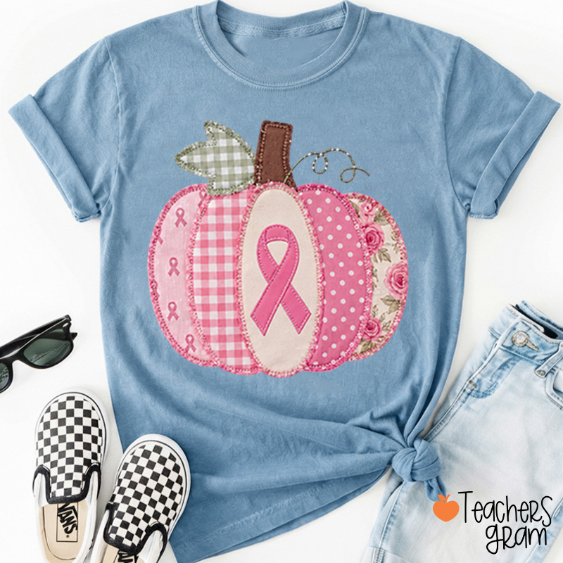 Pink Faux Patchwork Pumpkin Ribbon Teacher T-Shirt