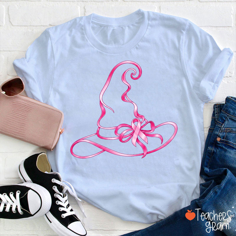 Halloween Witch Hat Pink Ribbon Breast Cancer Support Teacher T-Shirt