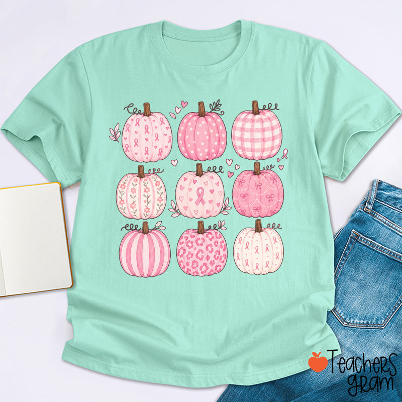Pink Ribbon Breast Cancer Awareness Grid Pumpkin Teacher T-Shirt