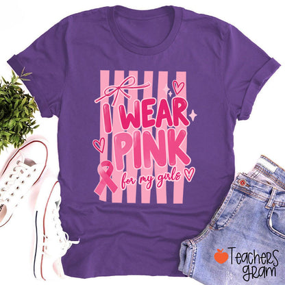Personalized I Wear Pink For My People Striped Pink Ribbon Teacher T-Shirt