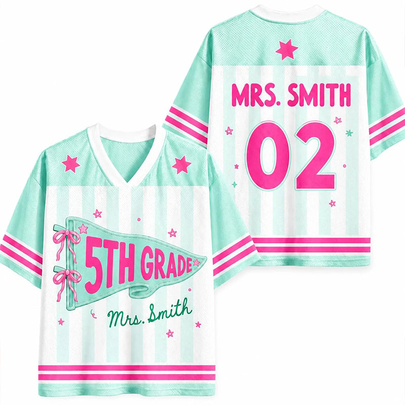 Personalized Grade And Name Preppy Stripes Pennant Fisrt Day Teacher Mesh Jersey