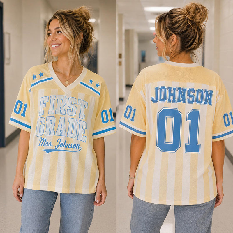 Personalized Grade Name And Number Vertical Stripe Teacher Mesh Jersey