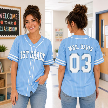 Personalized Grade Number Print Pinstriped Teacher Baseball Jersey