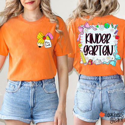 Personalized Grade And Name Pencil Bow Notebook Teacher Two Sided T-Shirt