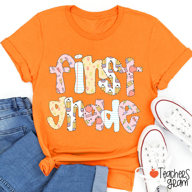 Personalized Grade Floral Pencil Notebook Teacher T-Shirt