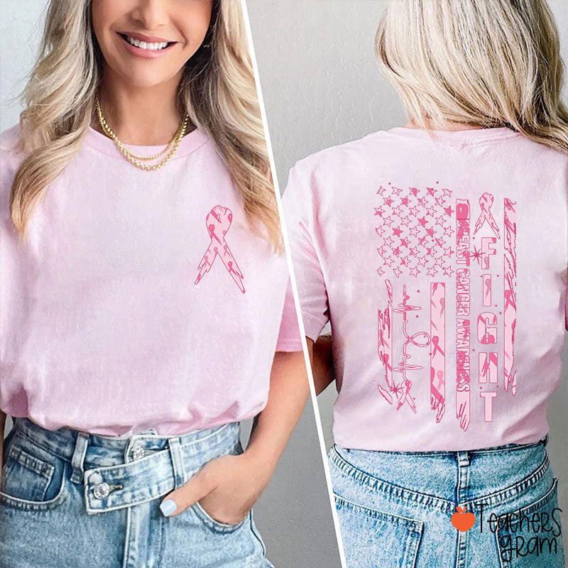 Pink Ribbon Fight Breast Cancer Awareness Teacher Two Sided T-Shirt