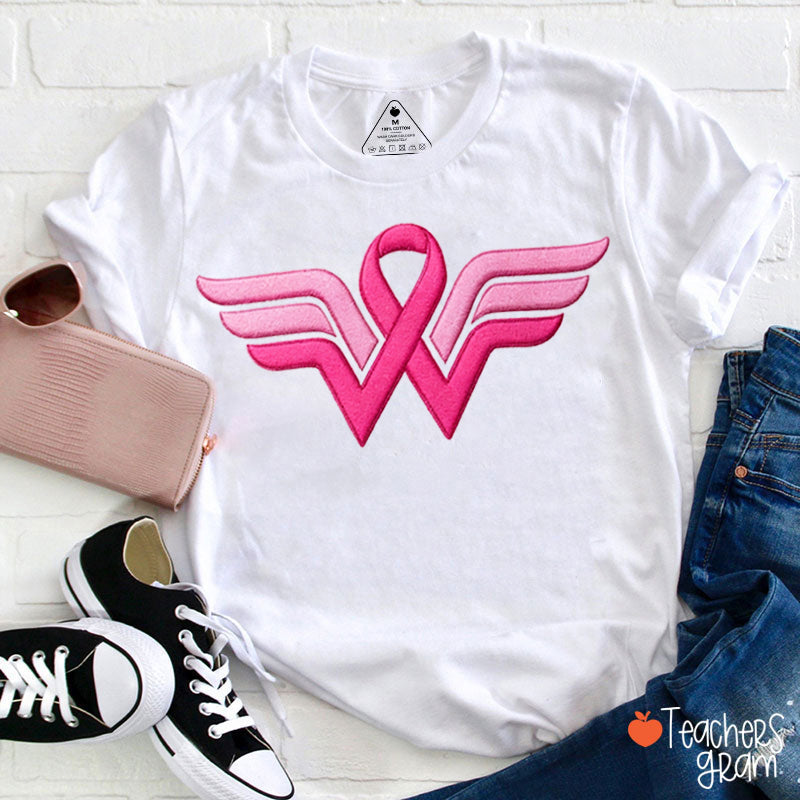 Embroidery Wonder Woman Breast Cancer Awareness T-Shirt
