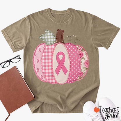 Pink Faux Patchwork Pumpkin Ribbon Teacher T-Shirt