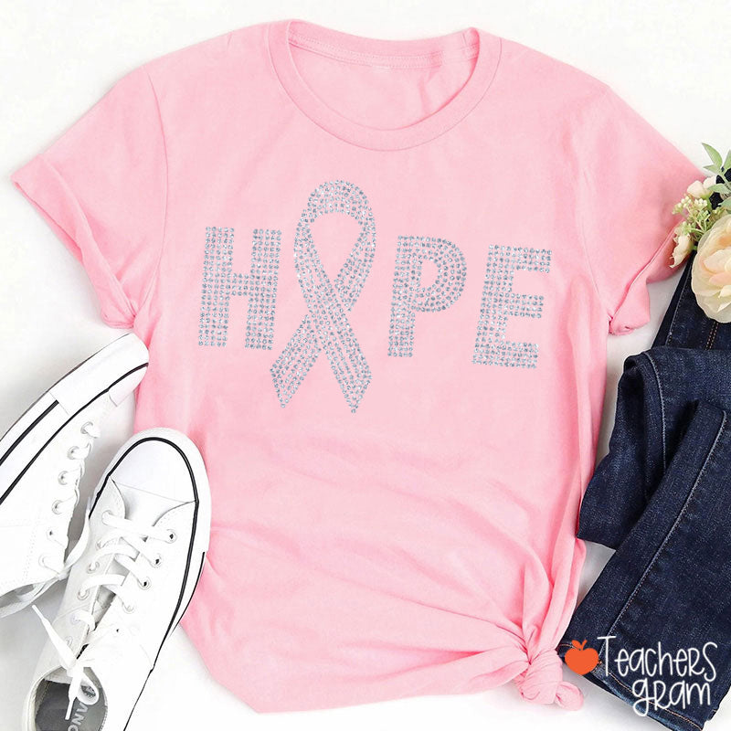 Hope Ribbon Faux Glitter Breast Cancer Awareness Teacher T-Shirt