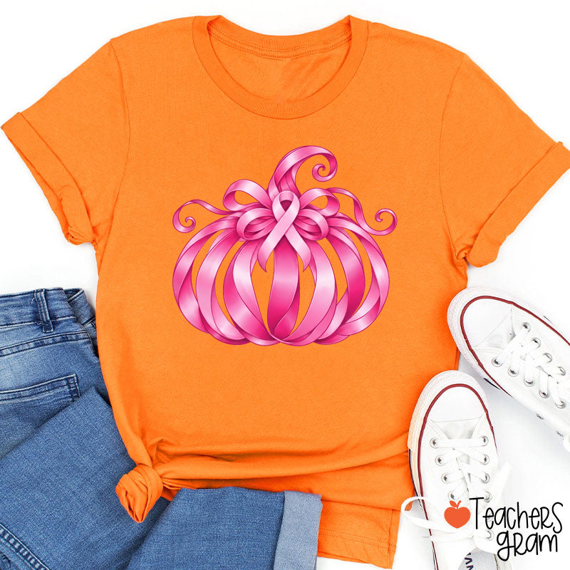 Pink Ribbon Bow Pumpkin Fall Teacher T-Shirt