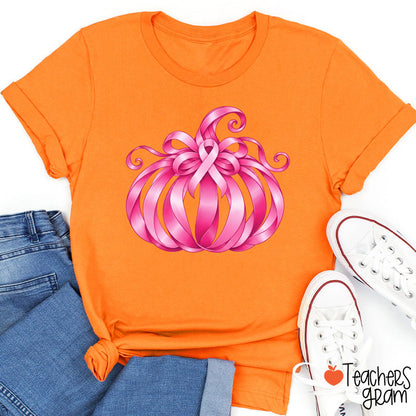 Pink Ribbon Bow Pumpkin Fall Teacher T-Shirt