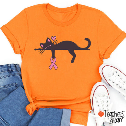 Black Cat With Pink Ribbon Awareness Teacher T-Shirt