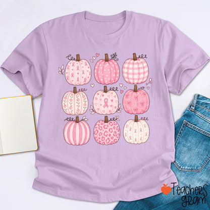 Pink Ribbon Breast Cancer Awareness Grid Pumpkin Teacher T-Shirt