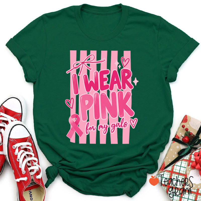 Personalized I Wear Pink For My People Striped Pink Ribbon Teacher T-Shirt