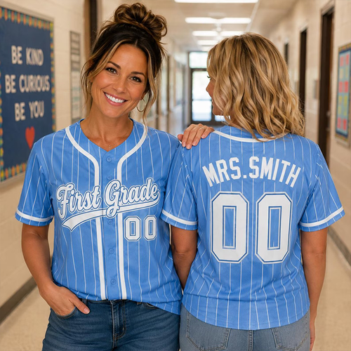 Personalized Grade And Name Striped Button Down Teacher Baseball Jersey
