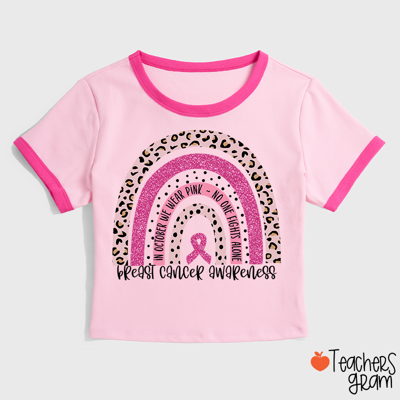 In October We Wear Pink Breast Cancer Awareness Teacher Ringer T-Shirt