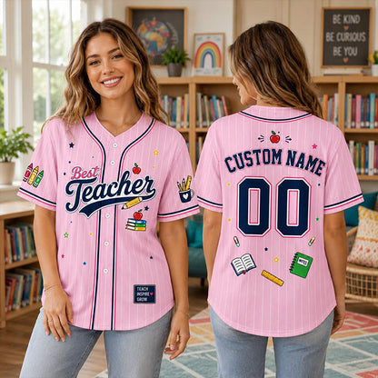 Personalized Team School Stuff Preppy Stripes Teacher Baseball Jersey
