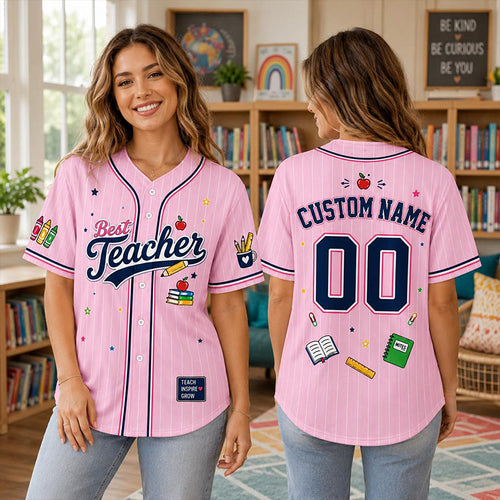 Personalized Team School Stuff Preppy Stripes Teacher Baseball Jersey