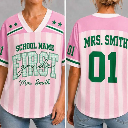 Personalized Grade Striped Gingham Star Print Teacher Mesh Jersey