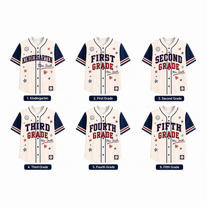 Personalized Grade Striped Star Smile Print Teacher Baseball Jersey