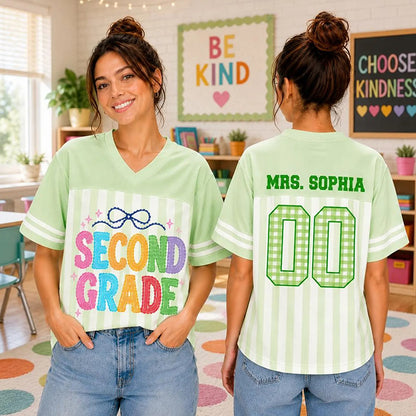 Personalized Grade And Name Lace Gingham Coquette Bow Teacher Mesh Jersey