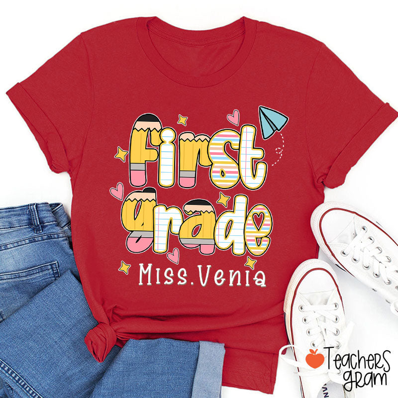 Personalized Name Grade Pencil Notebook Heart Star Paper Plane Teacher T-Shirt