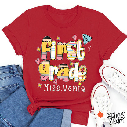 Personalized Name Grade Pencil Notebook Heart Star Paper Plane Teacher T-Shirt