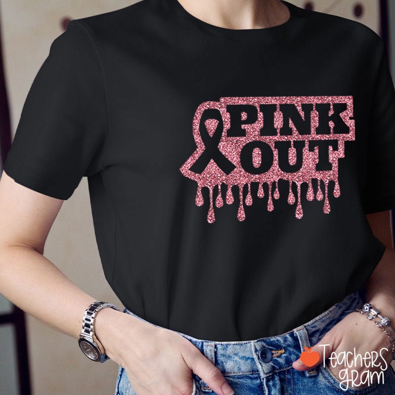 Glitter Pink Out Breast Cancer Teacher T-Shirt