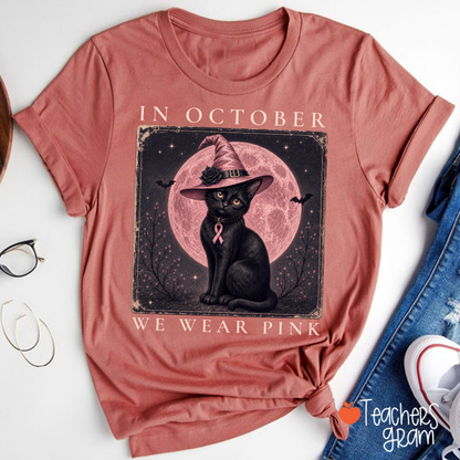 In October We Wear Pink Witch Black Cat Pink Moon Breast Cancer Awareness Teacher T-Shirt