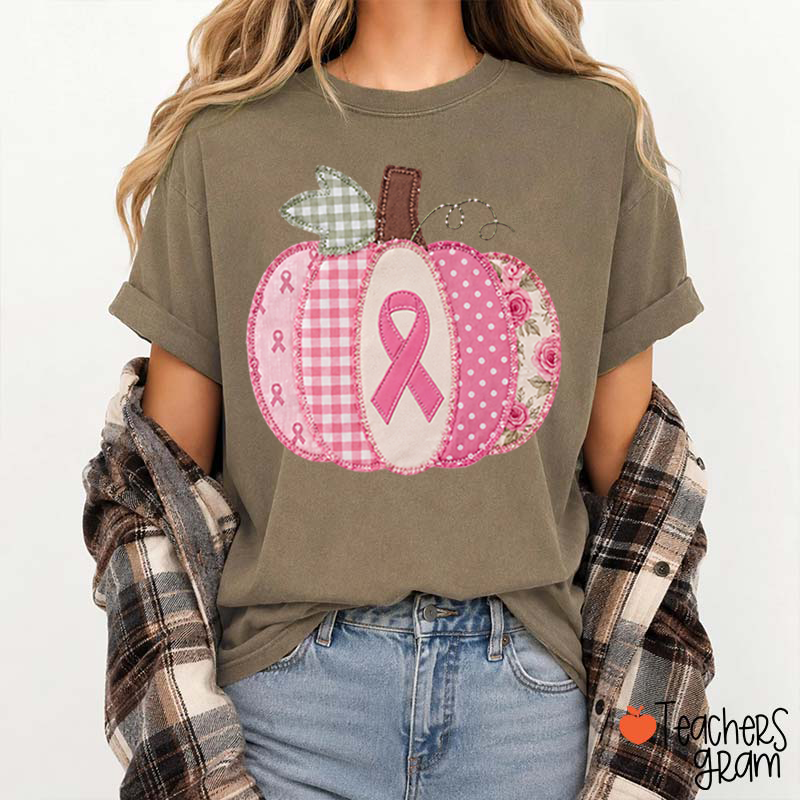 Pink Faux Patchwork Pumpkin Ribbon Teacher T-Shirt