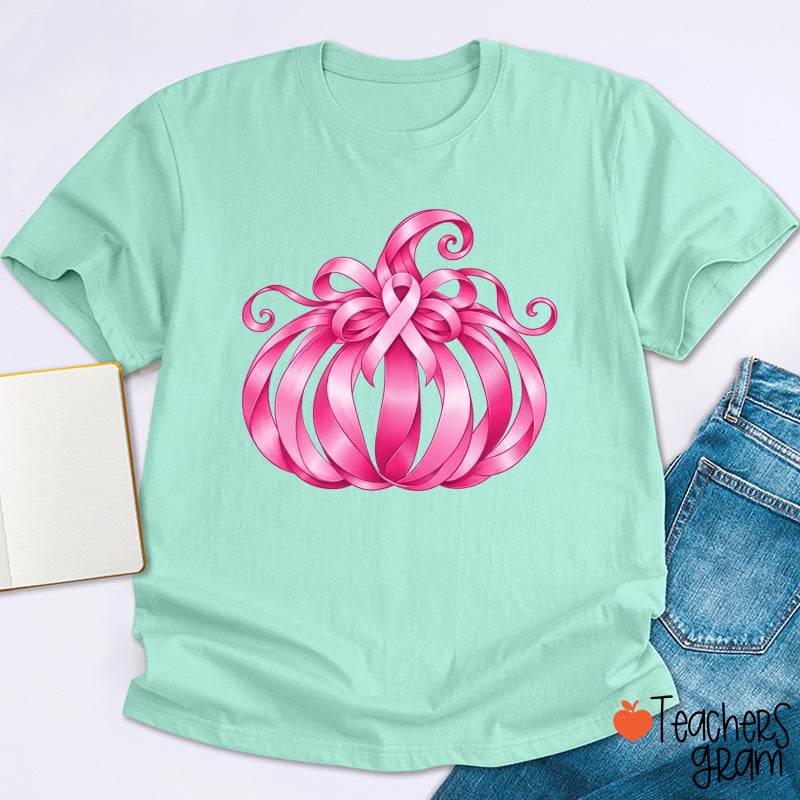 Pink Ribbon Bow Pumpkin Fall Teacher T-Shirt