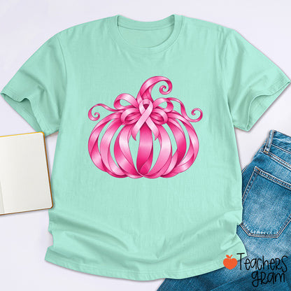 Pink Ribbon Bow Pumpkin Fall Teacher T-Shirt
