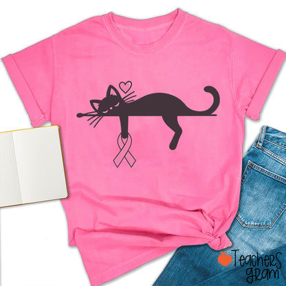 Black Cat With Pink Ribbon Awareness Teacher T-Shirt