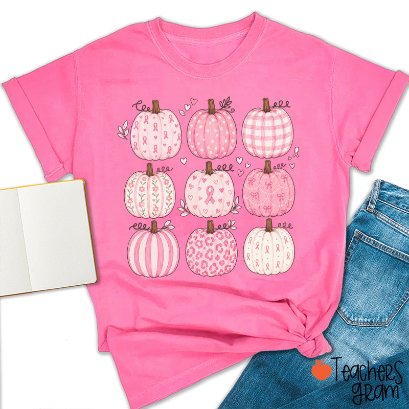Pink Ribbon Breast Cancer Awareness Grid Pumpkin Teacher T-Shirt