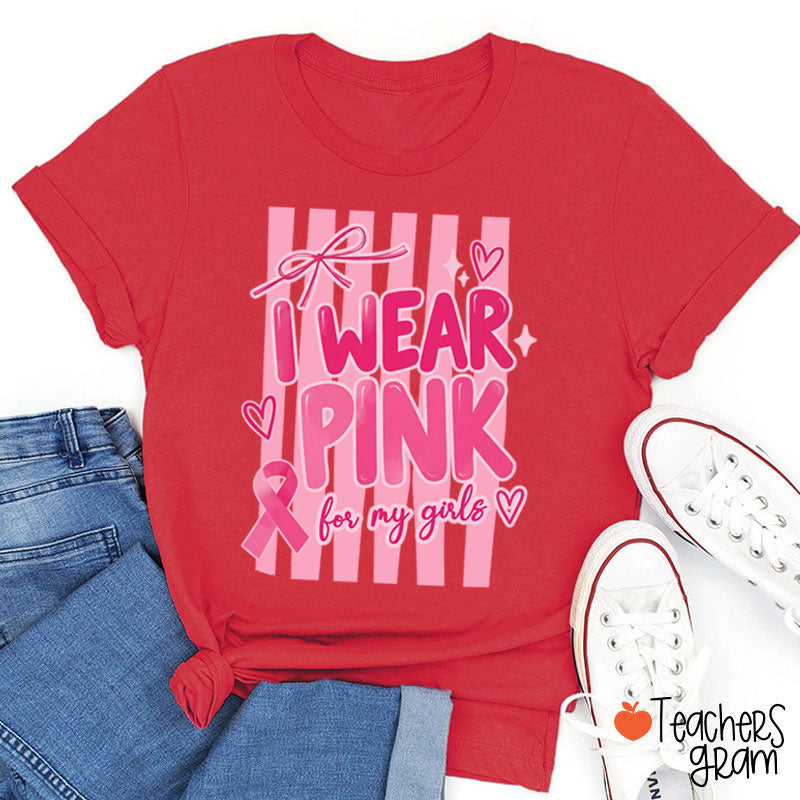 Personalized I Wear Pink For My People Striped Pink Ribbon Teacher T-Shirt