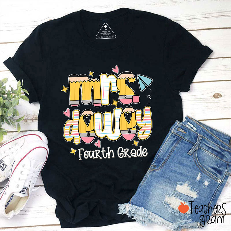 Personalized Name Grade Pencil Notebook Heart Star Paper Plane Teacher T-Shirt