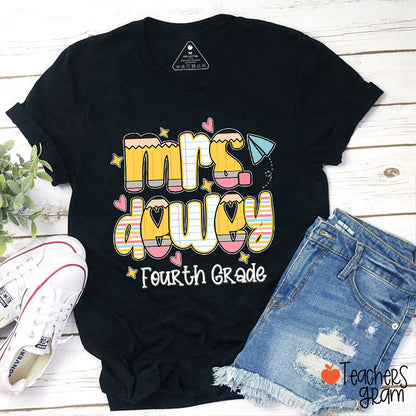 Personalized Name Grade Pencil Notebook Heart Star Paper Plane Teacher T-Shirt