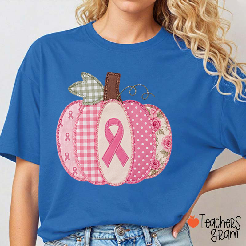 Pink Faux Patchwork Pumpkin Ribbon Teacher T-Shirt