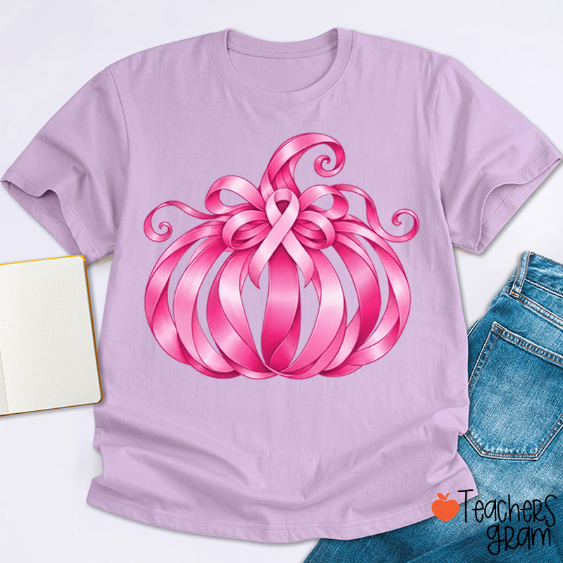 Pink Ribbon Bow Pumpkin Fall Teacher T-Shirt