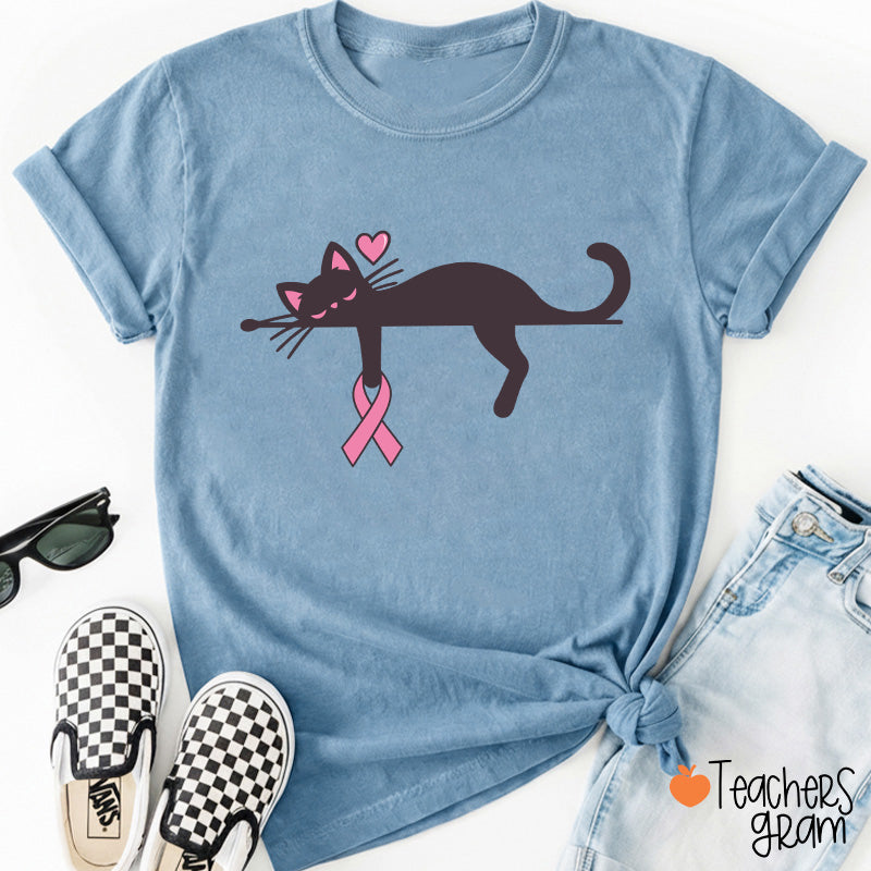 Black Cat With Pink Ribbon Awareness Teacher T-Shirt