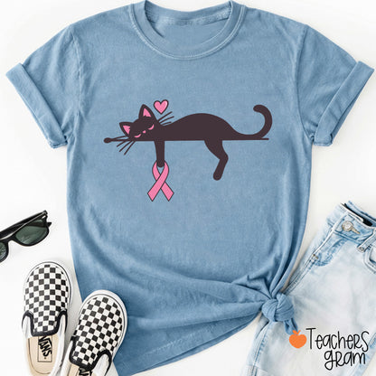 Black Cat With Pink Ribbon Awareness Teacher T-Shirt